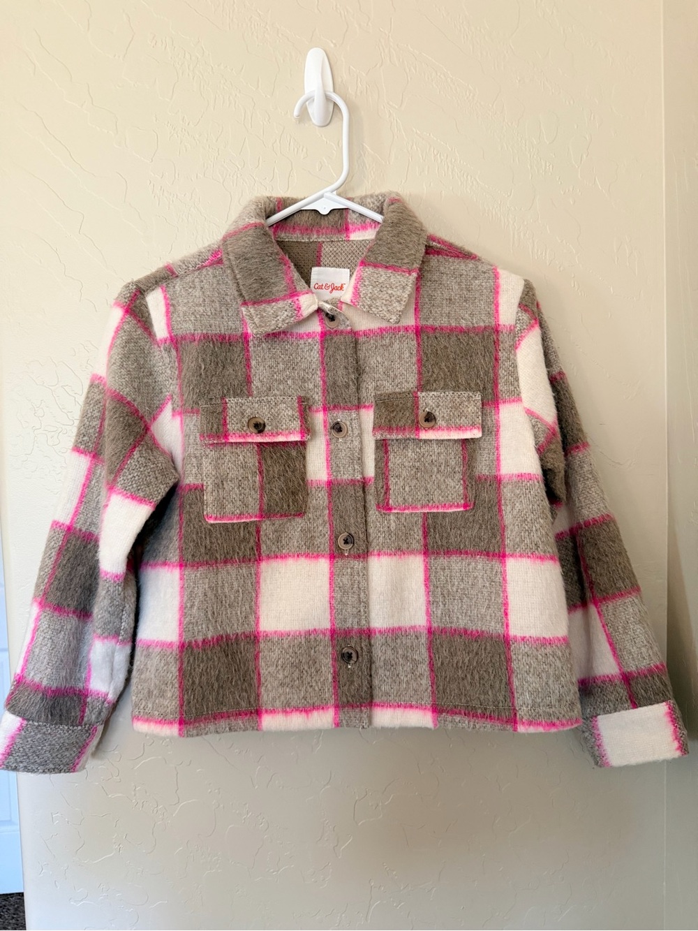 Cat & Jack Taupe, White & Pink Plaid Knit Top